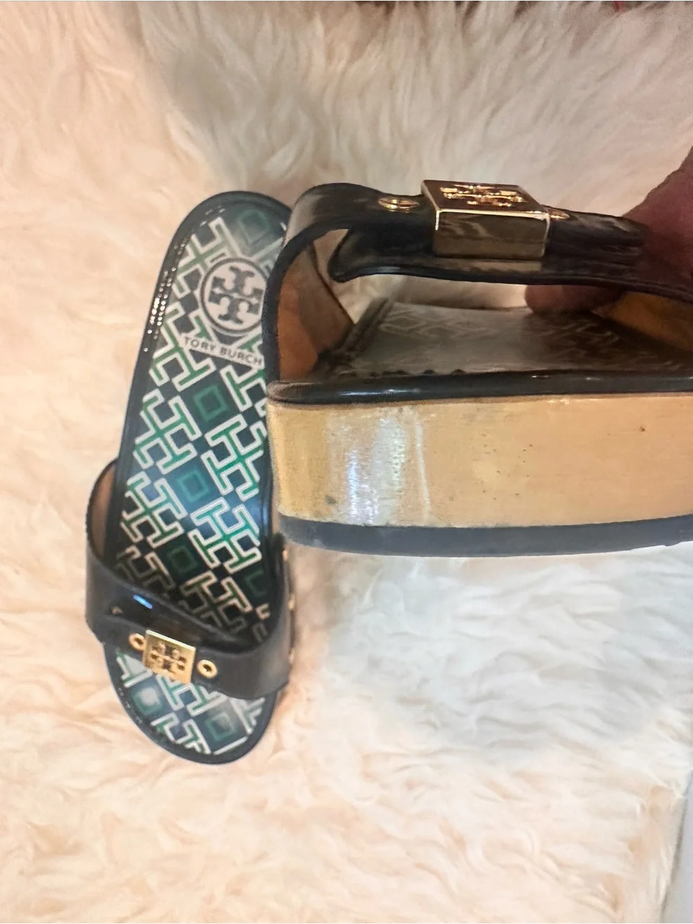 Tory Burch Navy and Green Platform Slide Sandals by Tory Burch